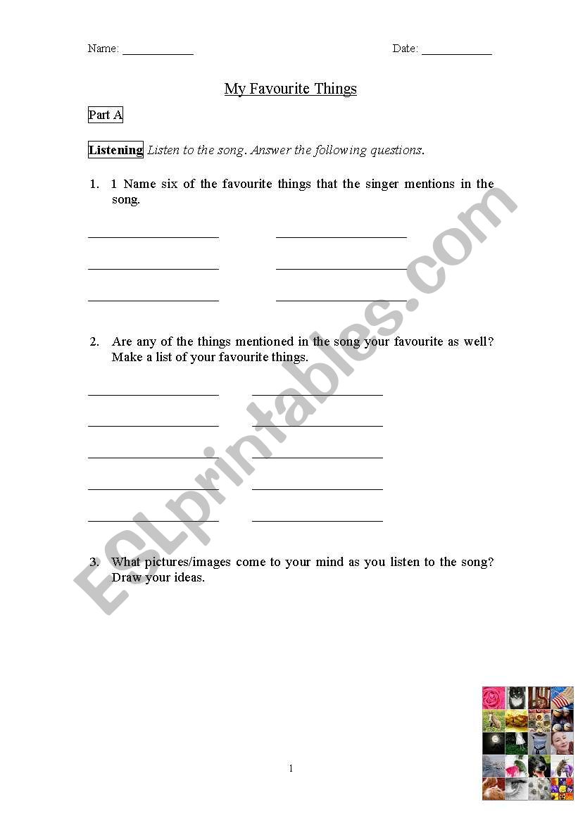 My Favourite Things worksheet