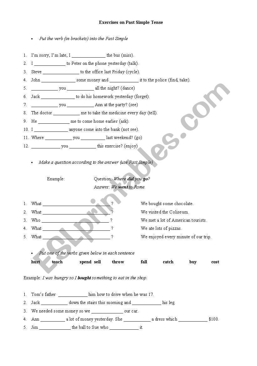 Past Simple Tense Exercises worksheet