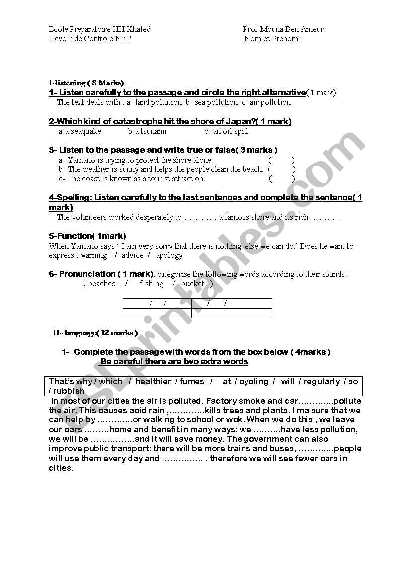 intermediate school exam worksheet