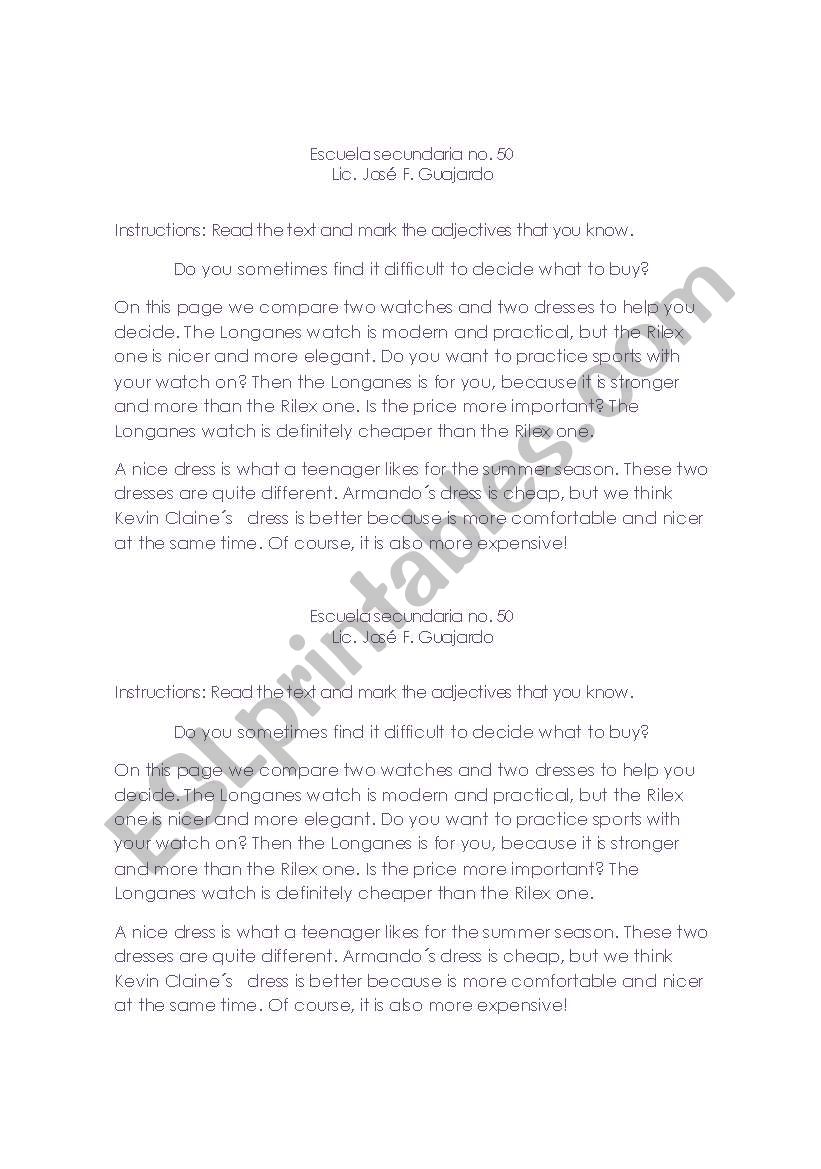 shopping  worksheet