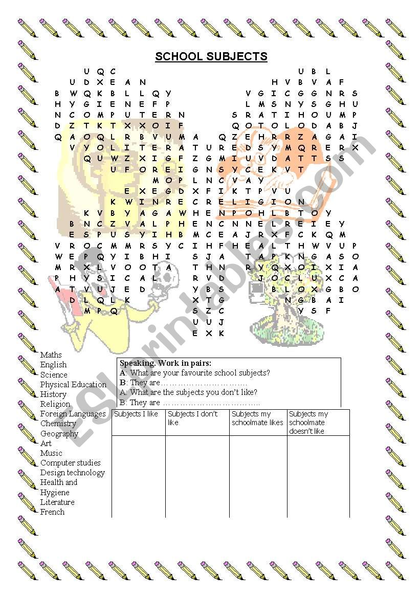 School subjects worksheet