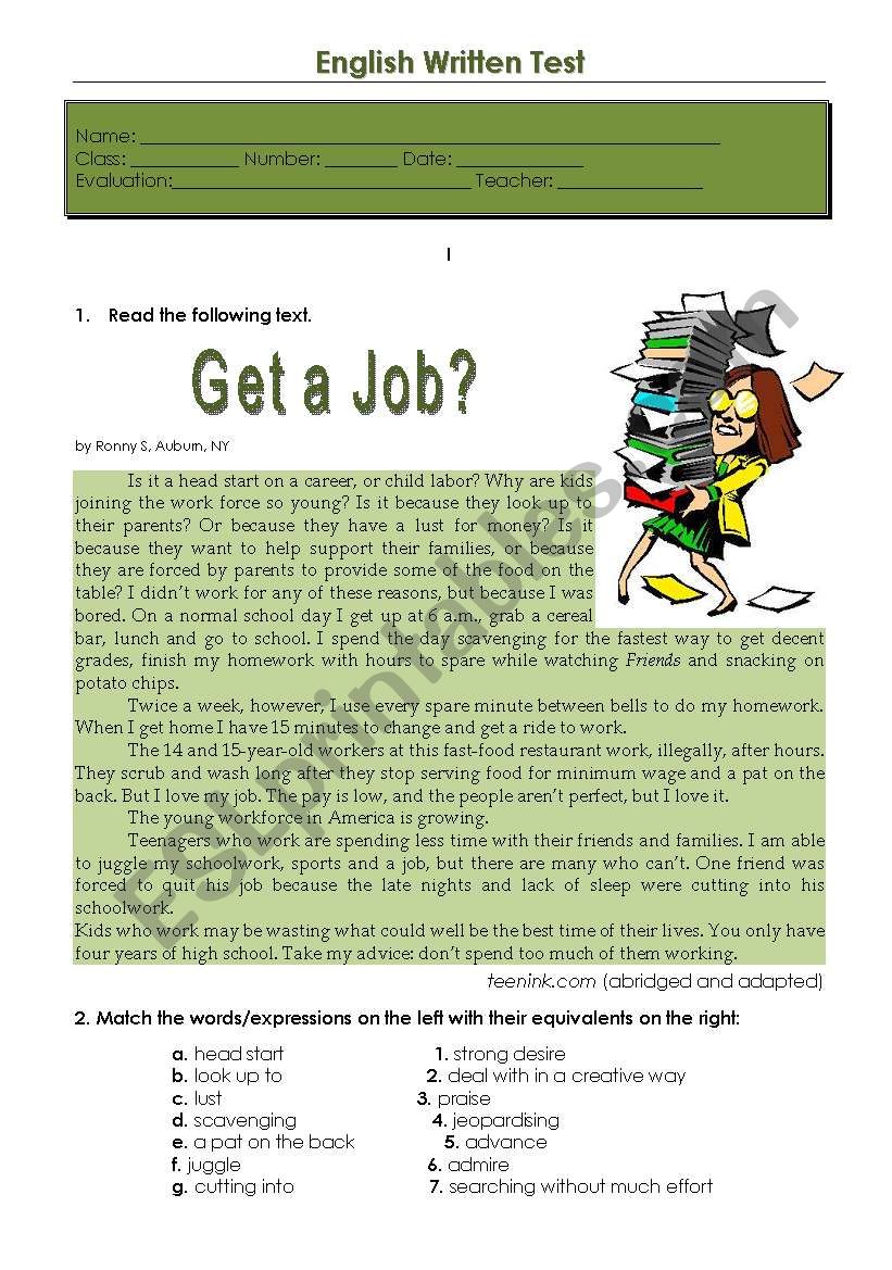 Test - get a job? worksheet