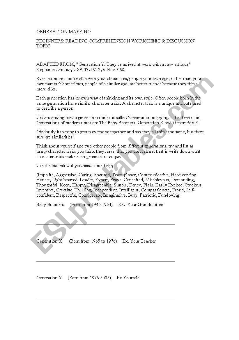 GENERATION MAPPING BEGINNERS: READING COMPREHENSION WORKSHEET & DISCUSSION TOPIC