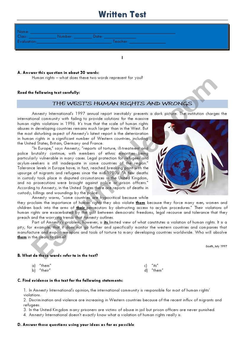 Test - Human rights worksheet