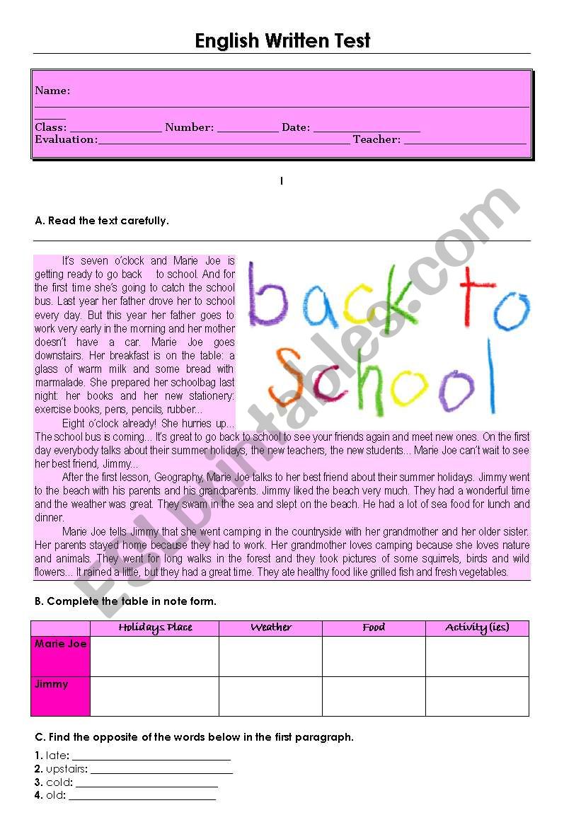 Test - Back to school worksheet