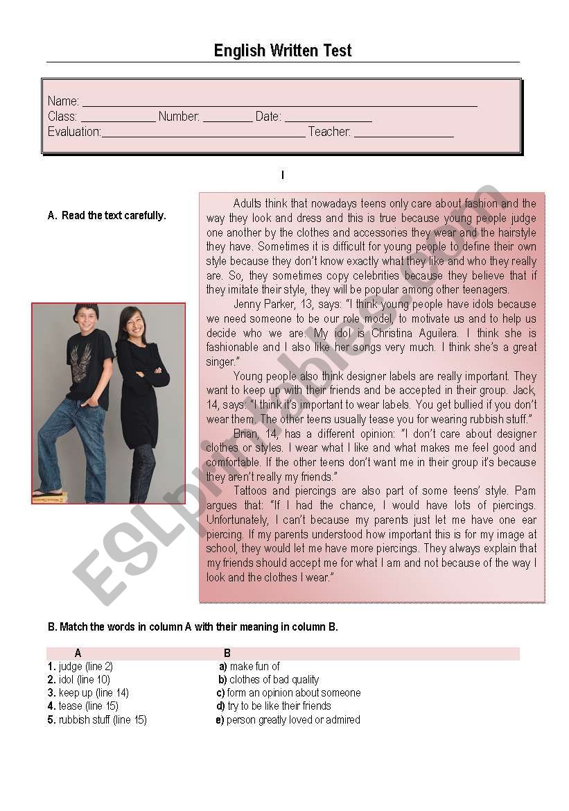Test - teens and style worksheet