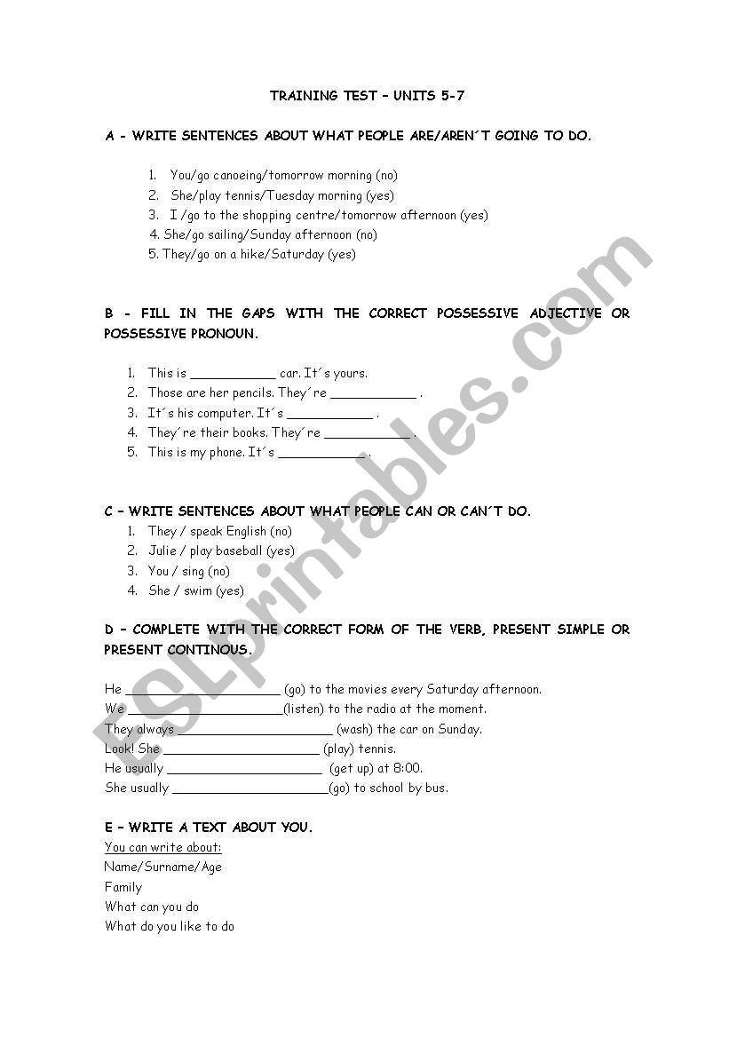 POSSESSIVE ADJECTIVE,  POSSESSIVE PRONOUN, PRESENT SIMPLE OR PRESENT CONTINOUS AND CAN/CANīT POSSESSIVE ADJECTIVE,  POSSESSIVE PRONOUN, PRESENT SIMPLE OR PRESENT CONTINOUS AND CAN/CANīT