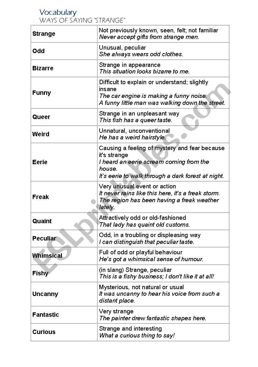 Vocabulary for Strange worksheet