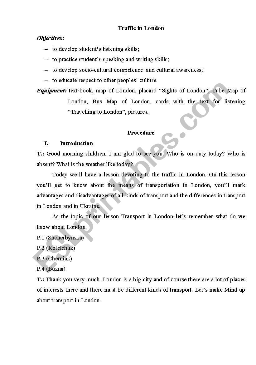 Traffic in London worksheet