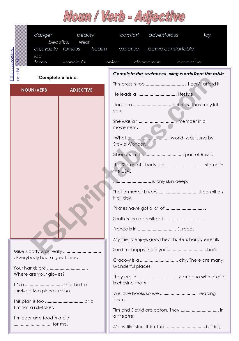 Noun / Verb ---> Adjective worksheet