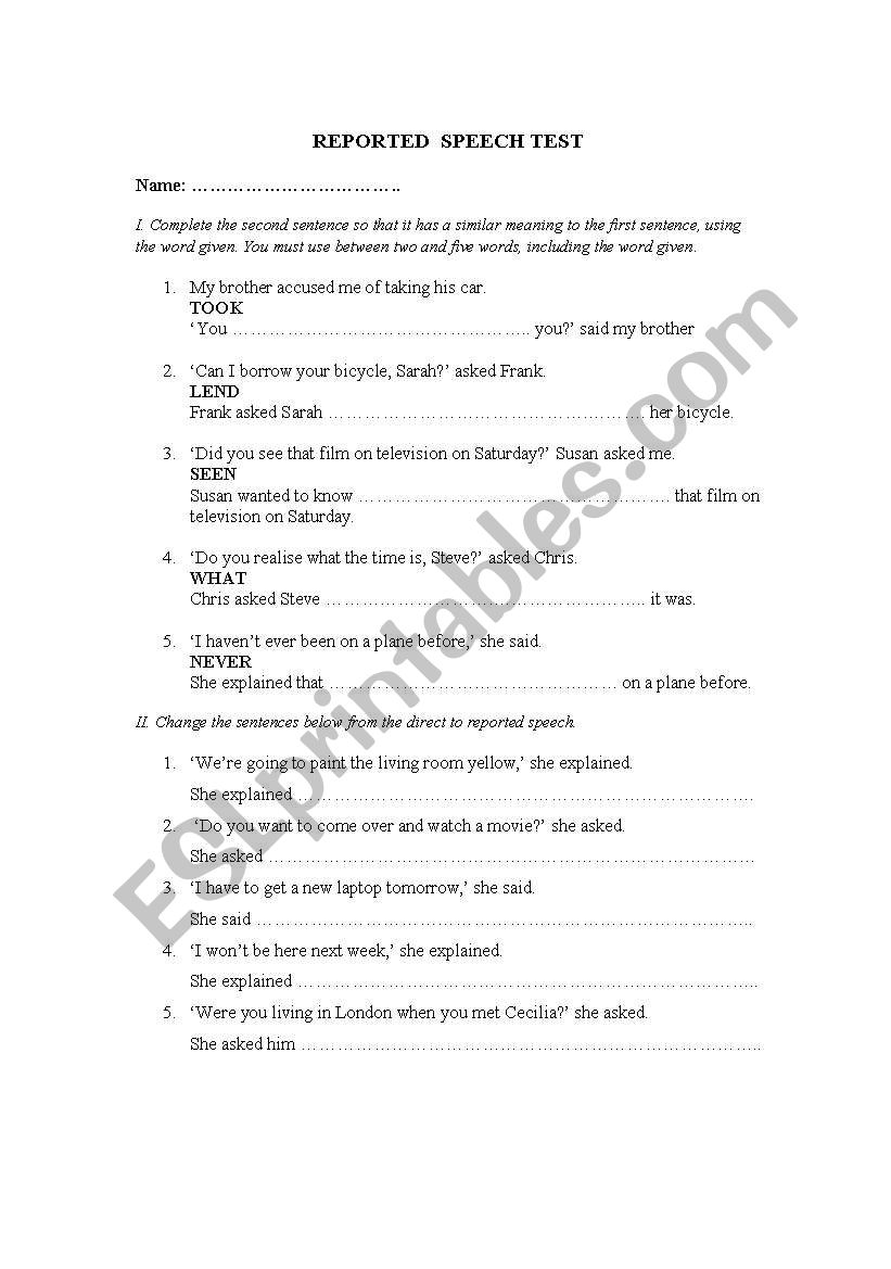 reported speech worksheet