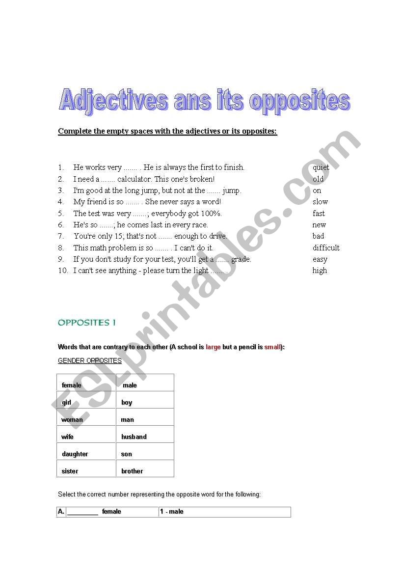 Adjectives and its opposites worksheet