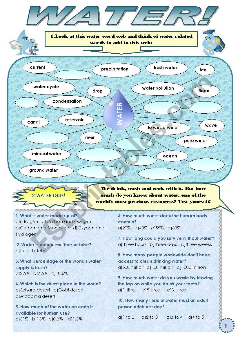 WATER! -  A SET OF ACTIVITIES (VOCABULARY, READING COMPREHENSION, WATER IDIOMS) 4 pages + answer keys