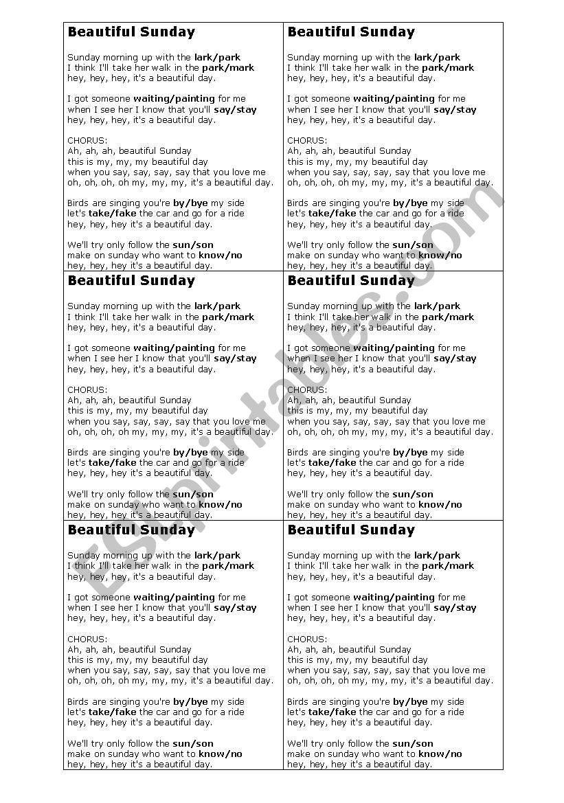 Song Beautiful Sunday worksheet