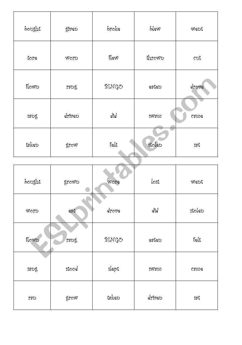 Irregular Verb BINGO cards worksheet