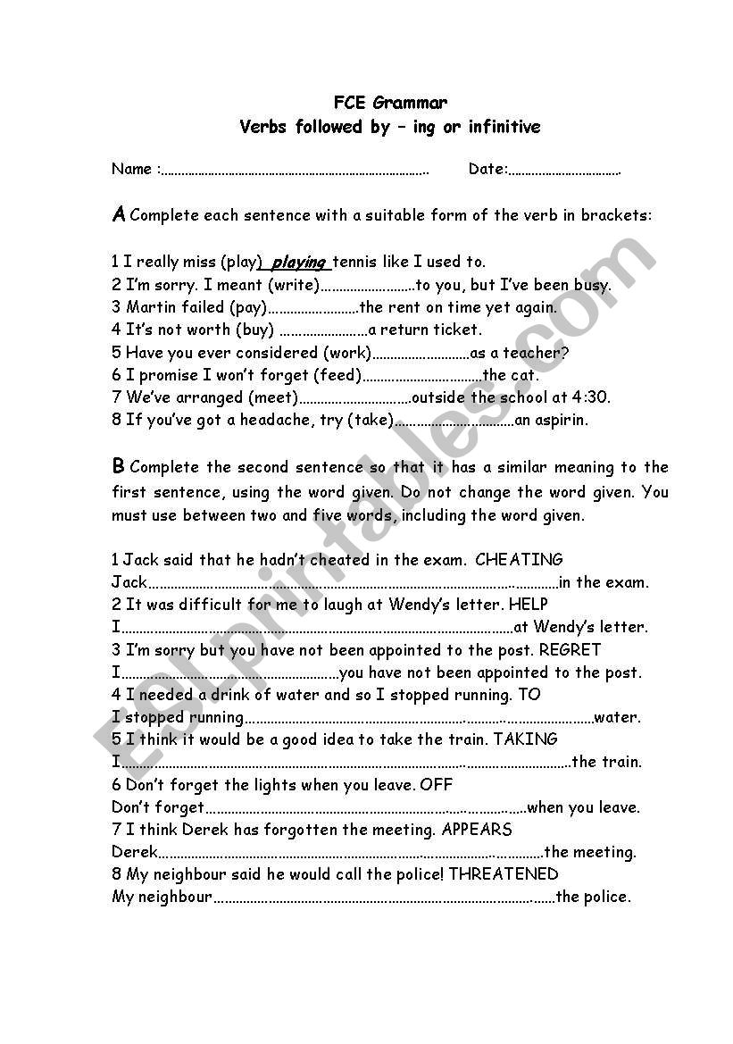 FCE GRAMMAR worksheet