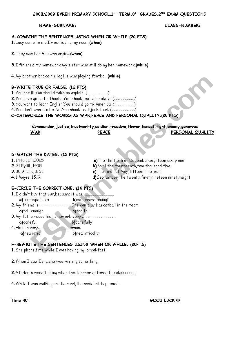 exam questions 2 worksheet