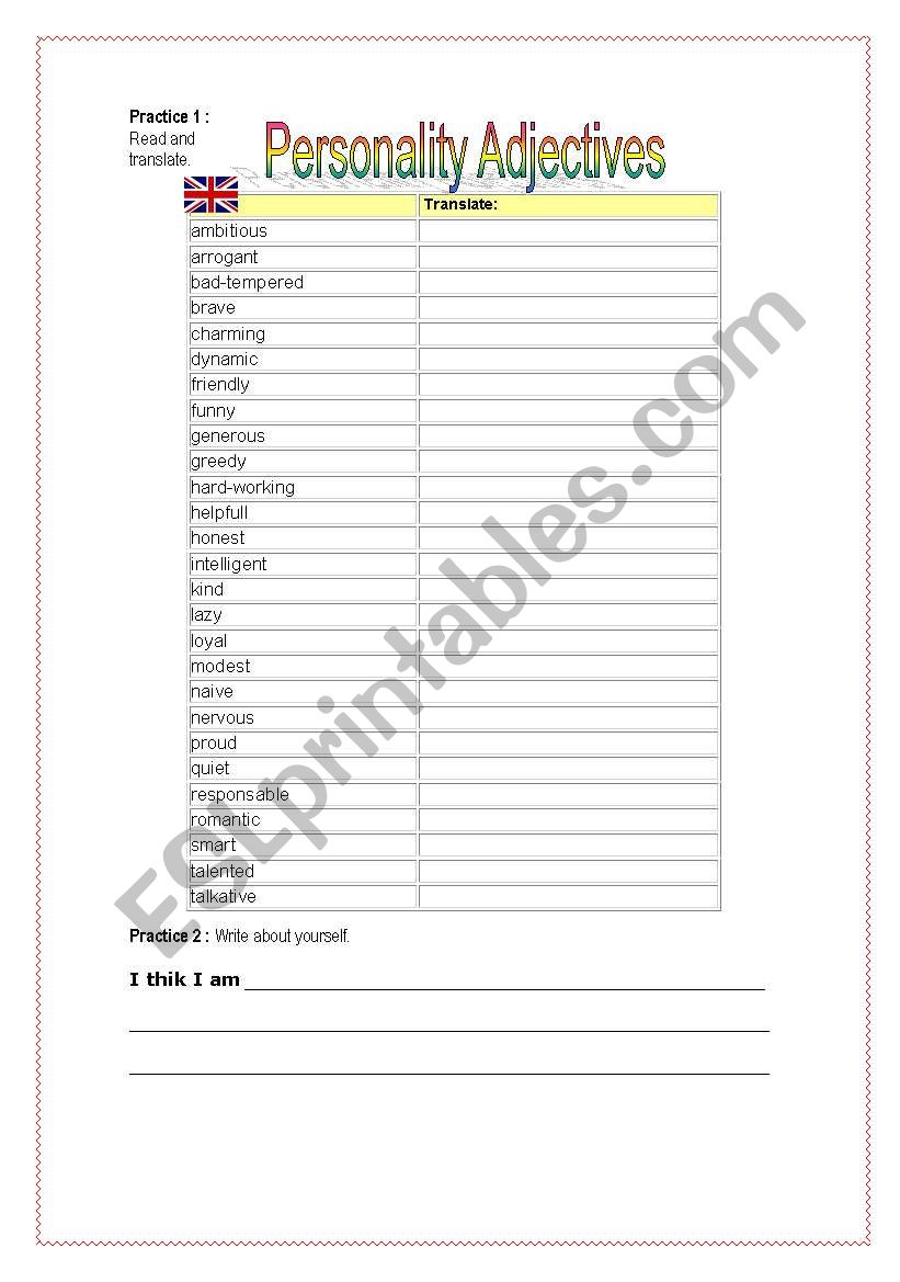 Personality adjectives worksheet