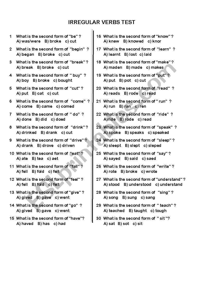 Irregular Verbs Second Form Test