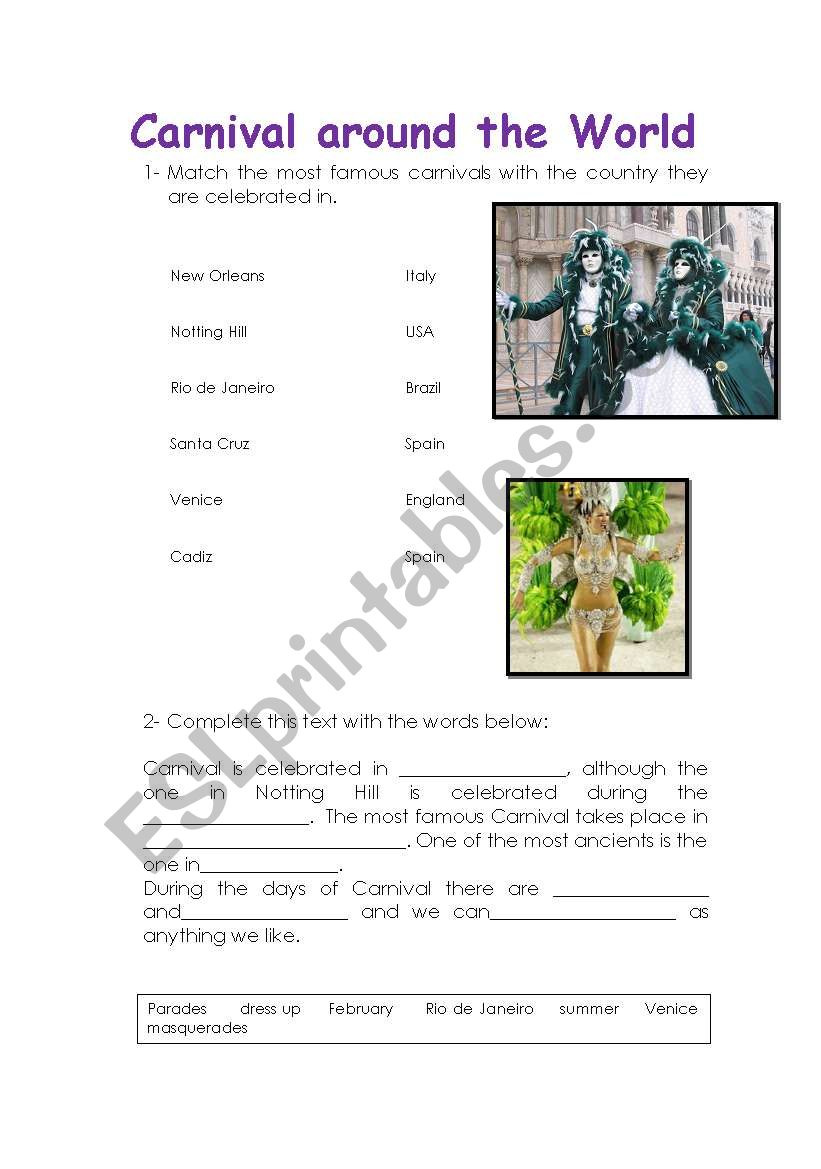 Carnival around the world worksheet