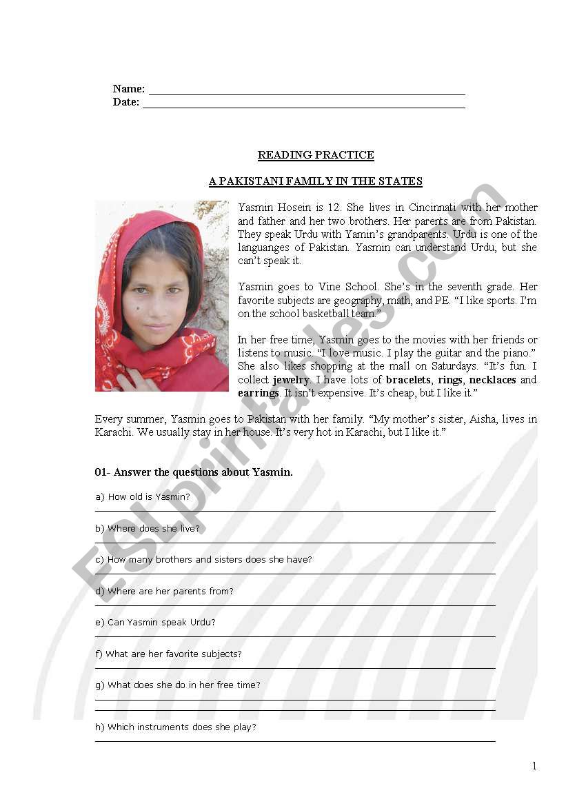 READING - A PAKISTANI FAMILY worksheet