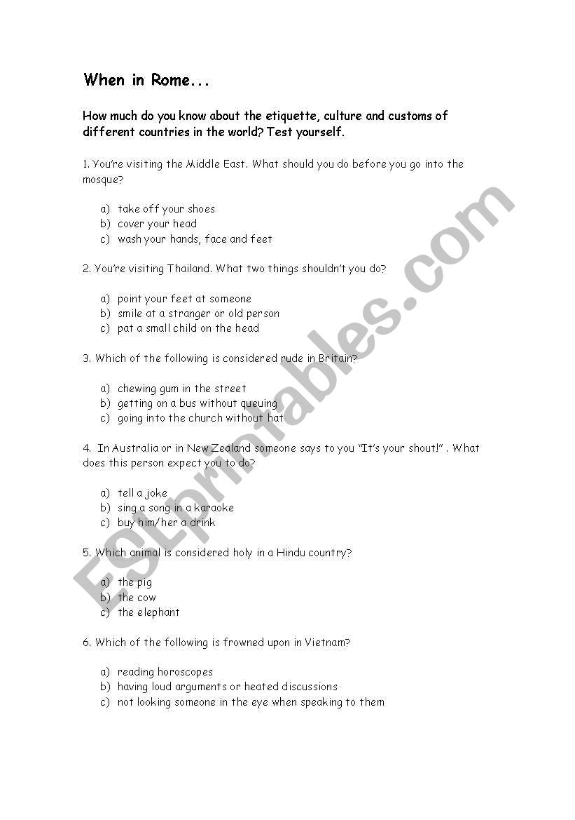 When in Rome worksheet