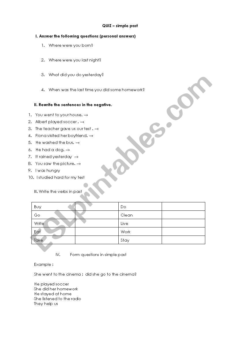 QUIZ  simple past worksheet