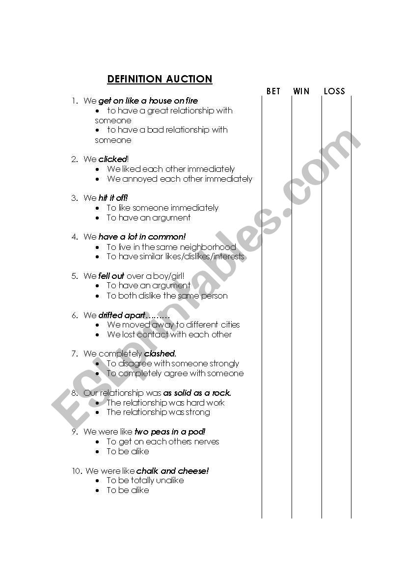 Friendship Definition Auction worksheet