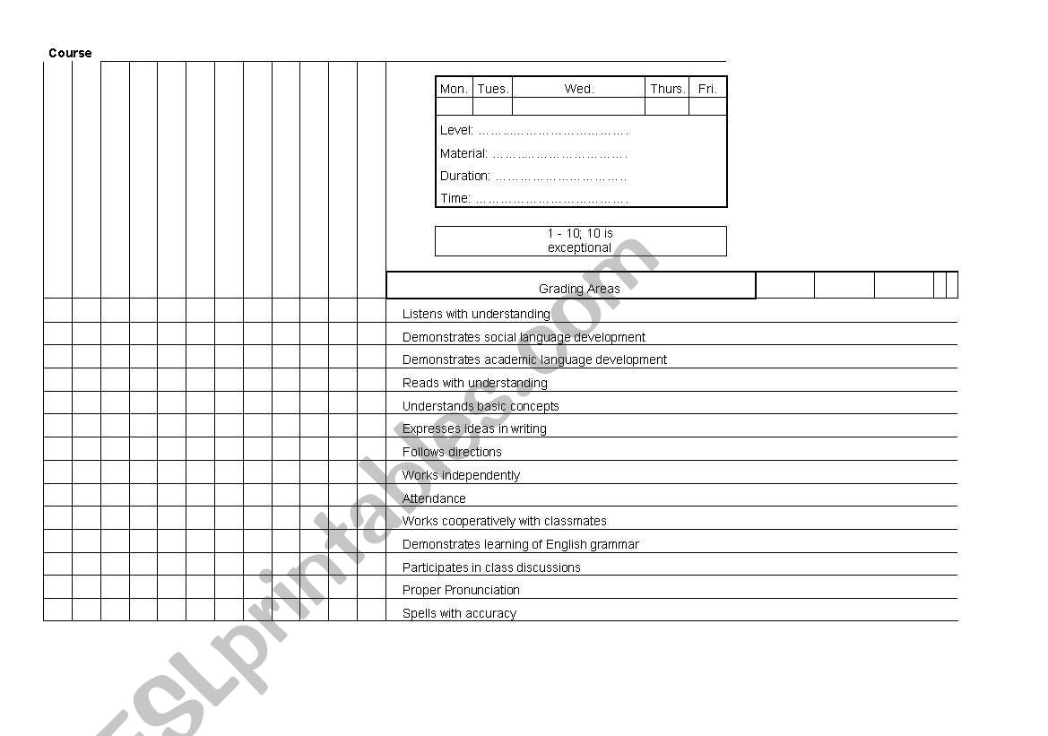 Evaluation sheet for ESL/EFL students