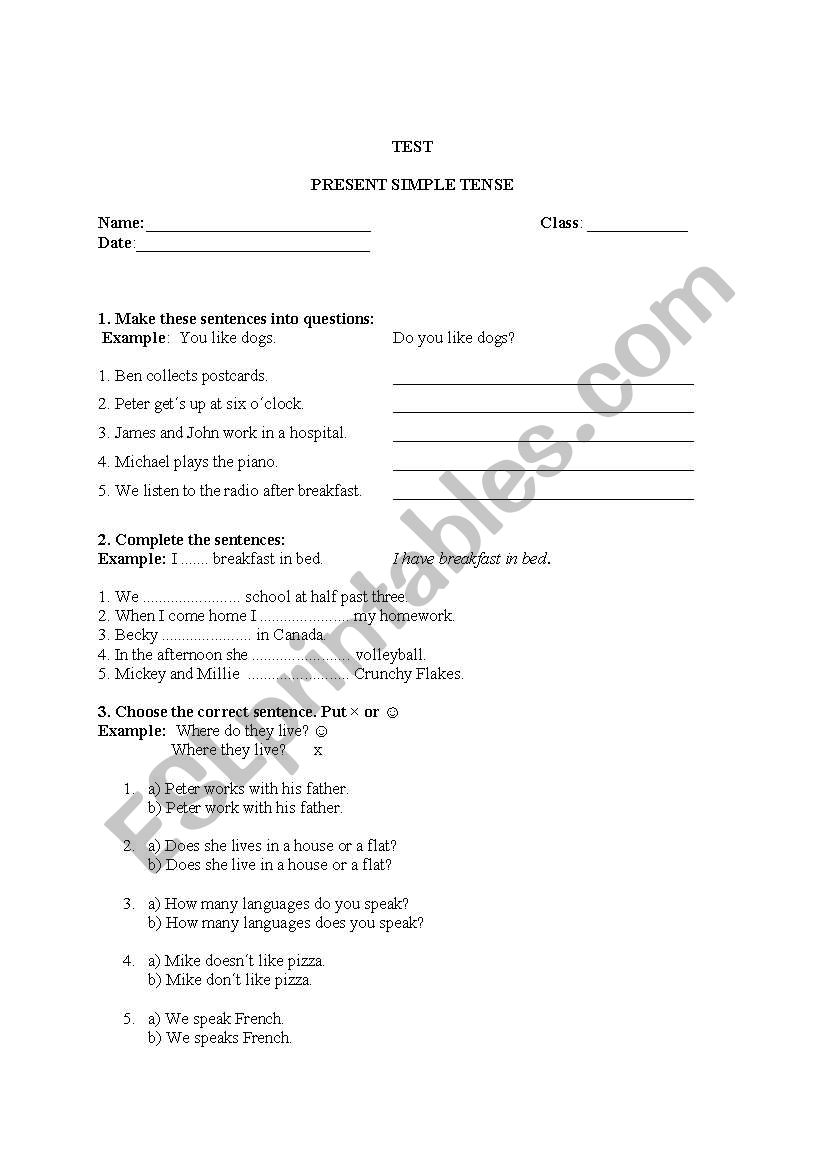 Present Simple test worksheet