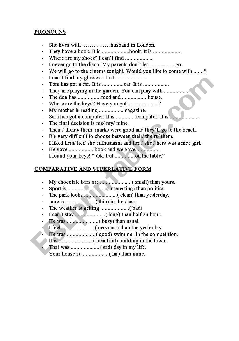 pronouns and comparatives worksheet