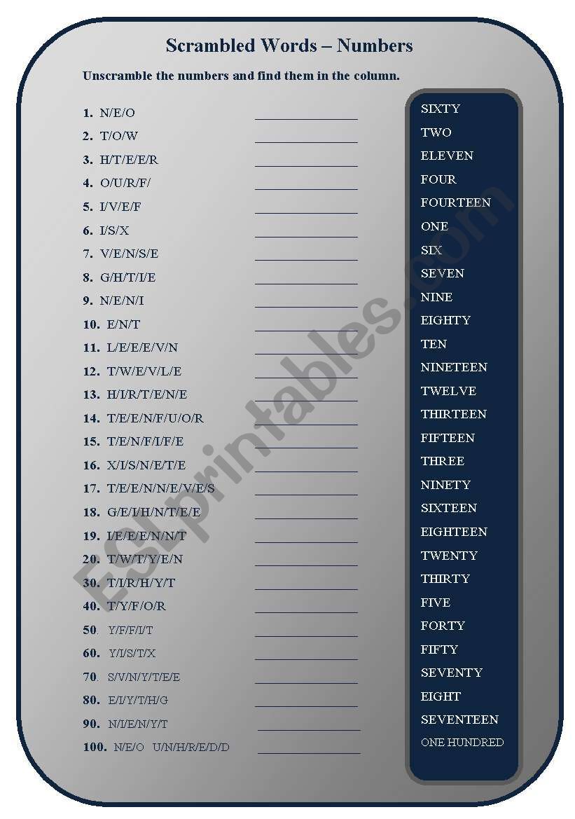 Cardinal Numbers 0-100 Ws worksheet