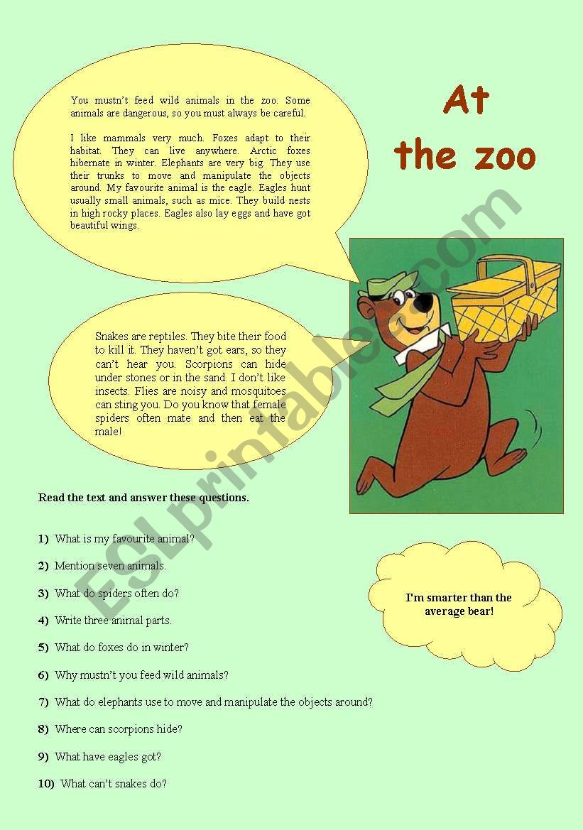 Yogi at the zoo worksheet