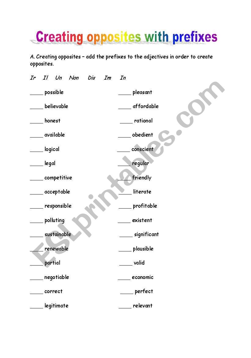 Opposites with Prefixes worksheet