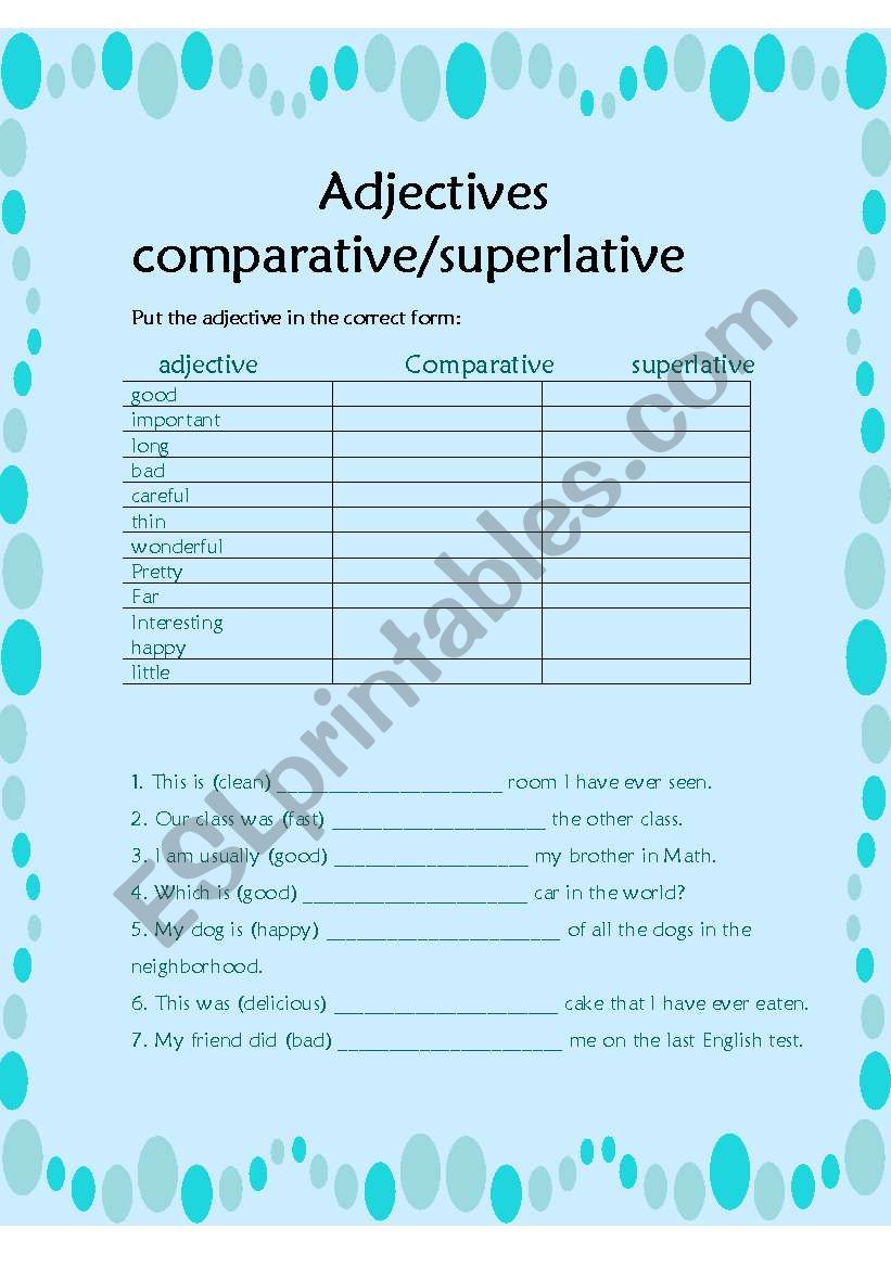 comparatives/ superlatives worksheet