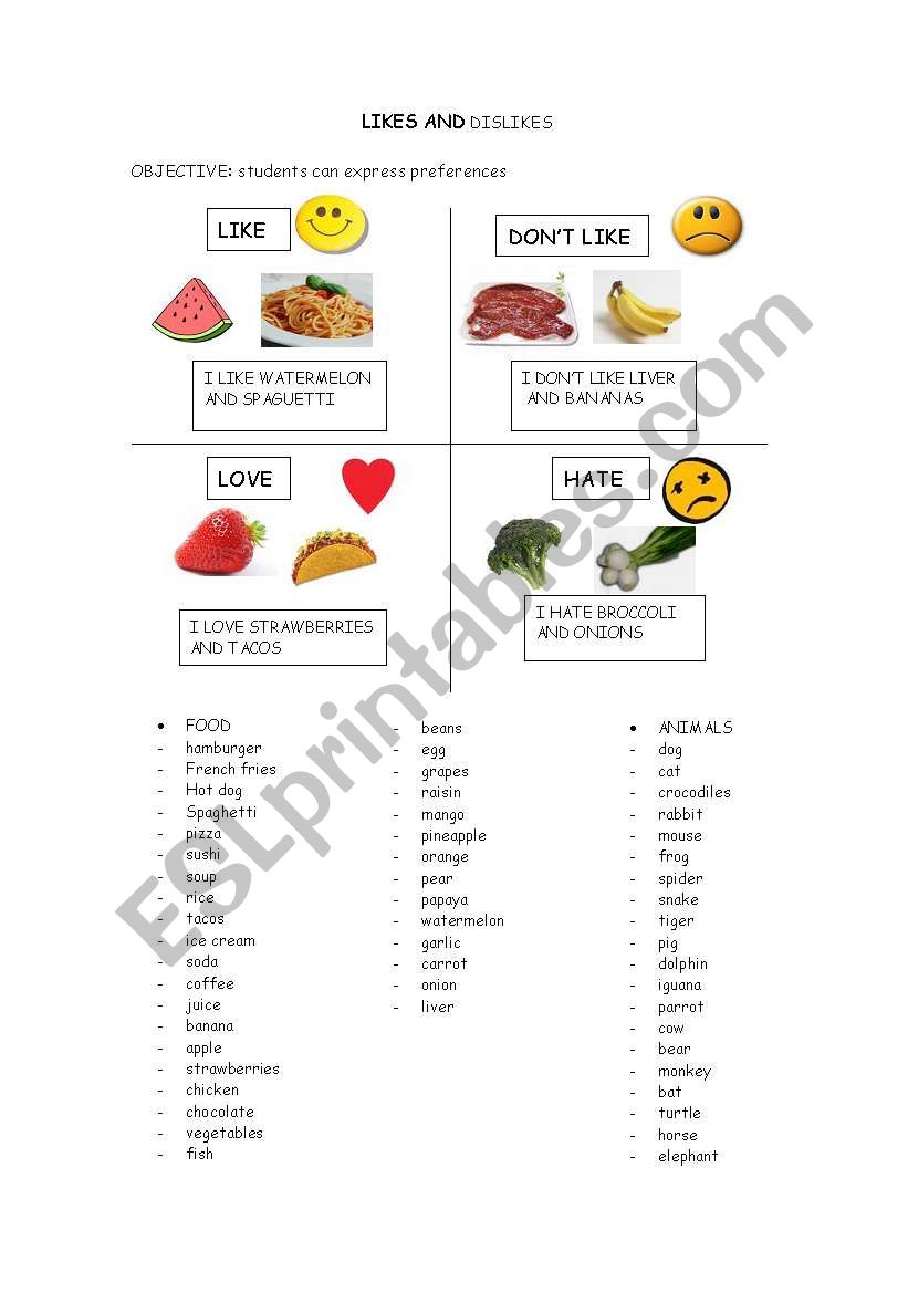 LIKES AND DISLIKES worksheet