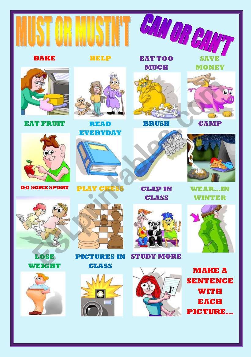 CAN  CANT  MUST  MUSTNT  INVENT SENTENCES USING THESE MODAL VERBS (EASY)