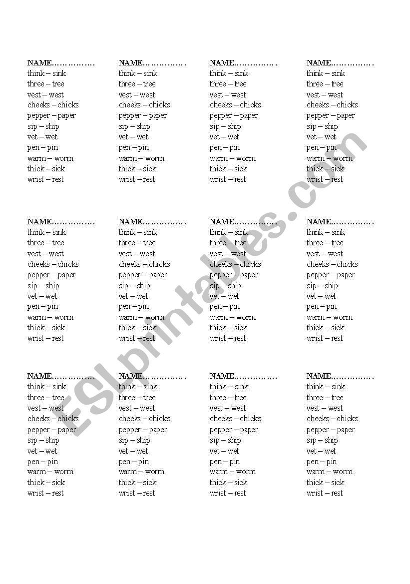 Minimal Pairs for Group  worksheet