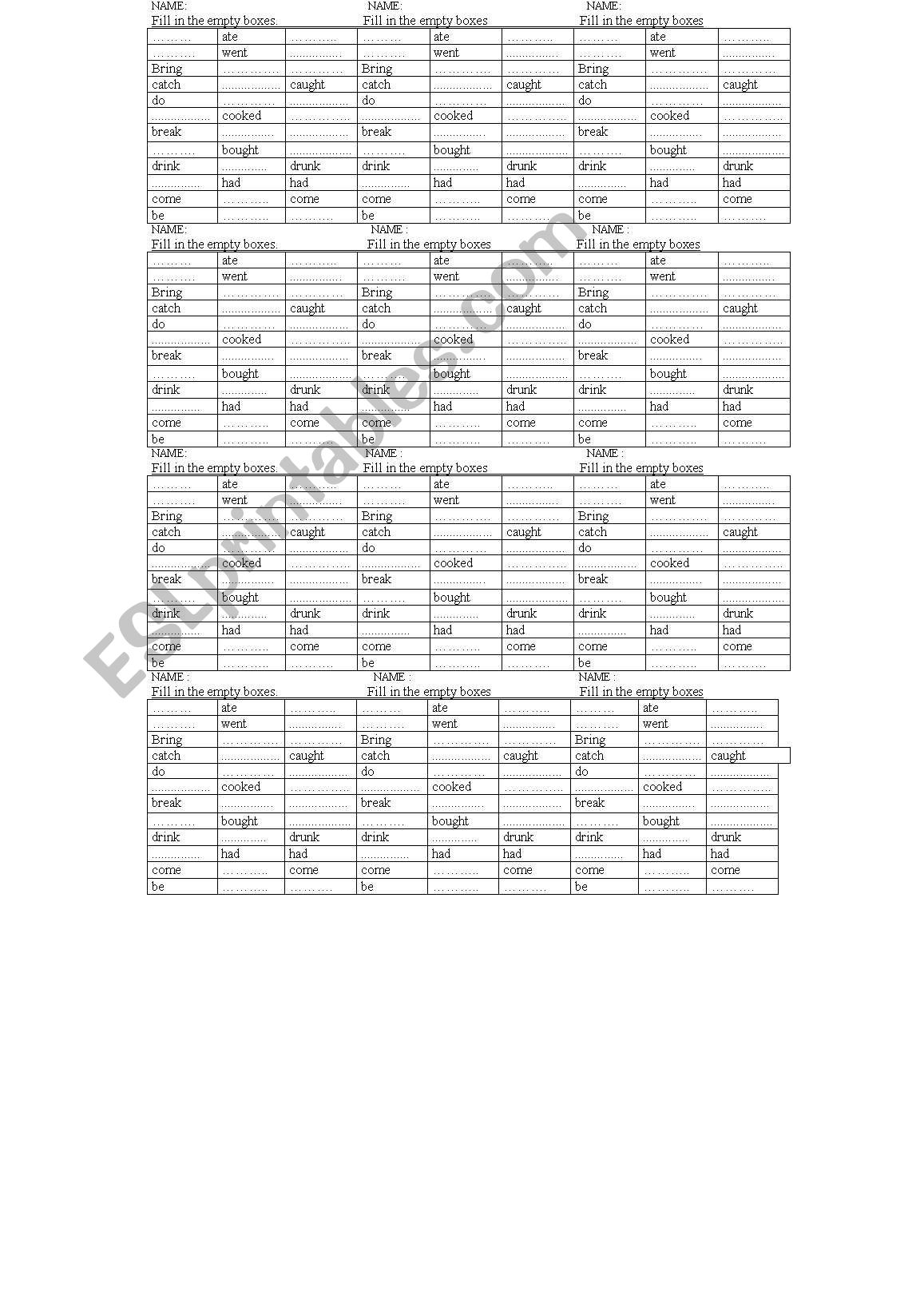 irregular verbs worksheet