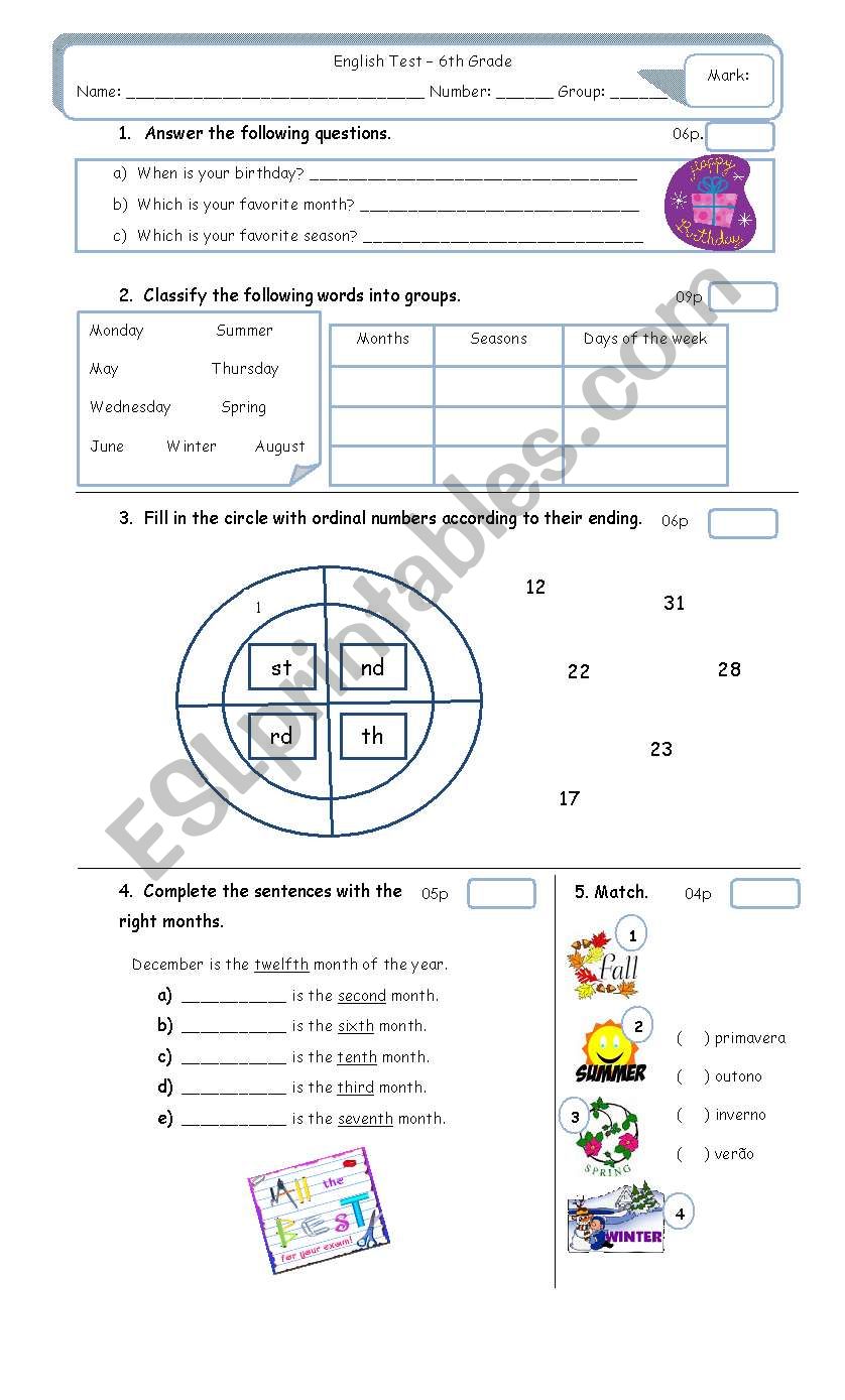 Test  6th grade worksheet