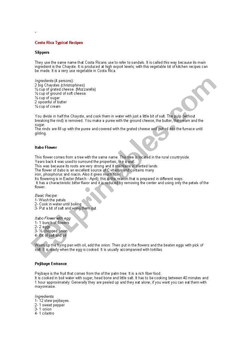 Costa Rica Typical Dishes worksheet