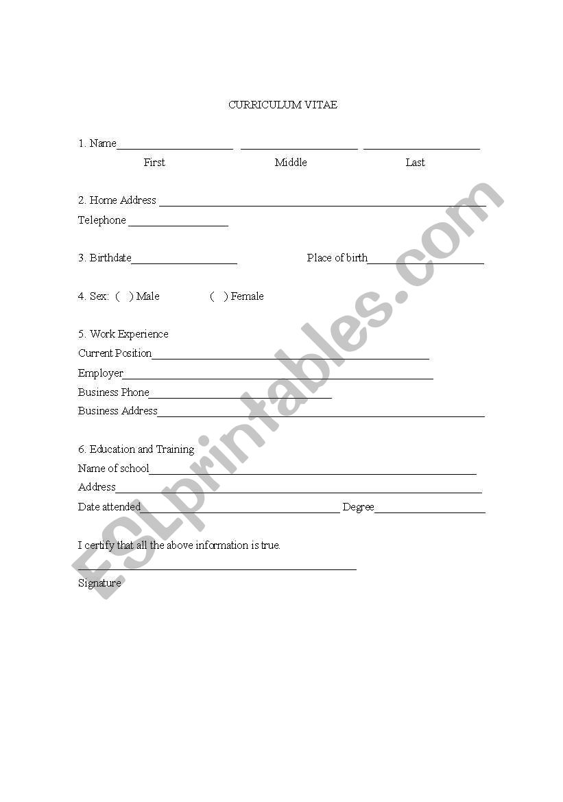 Curriculum Vitae worksheet