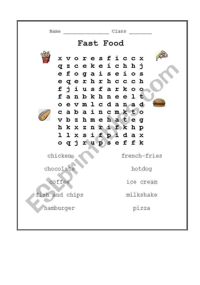 Fast Food Wordsearch worksheet