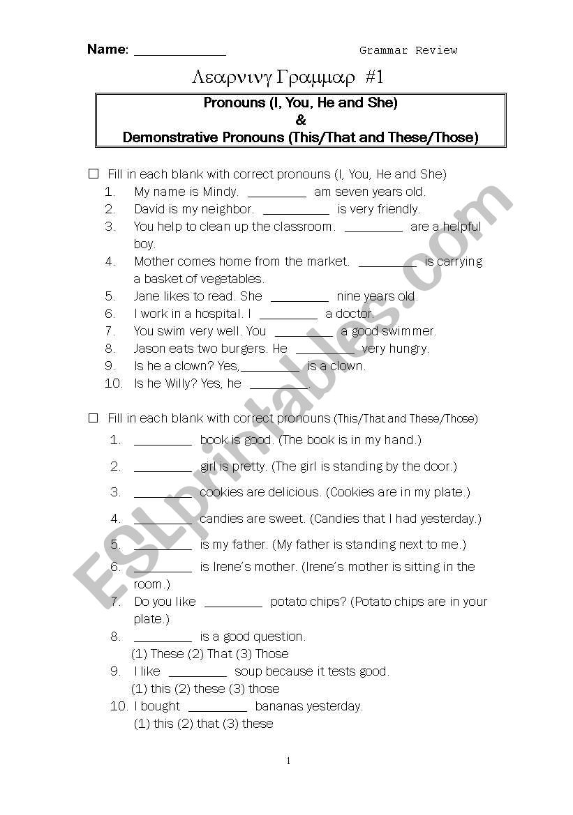 Grammar Review-Pronoun worksheet