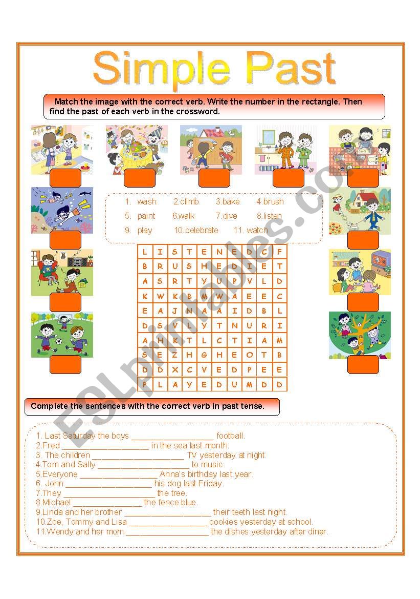 simple past wordsearch and matching exercise 