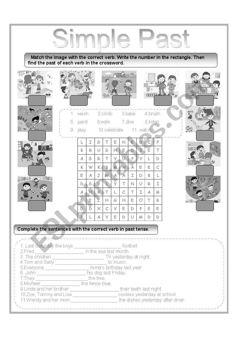 simple past wordsearch and matching exercise 