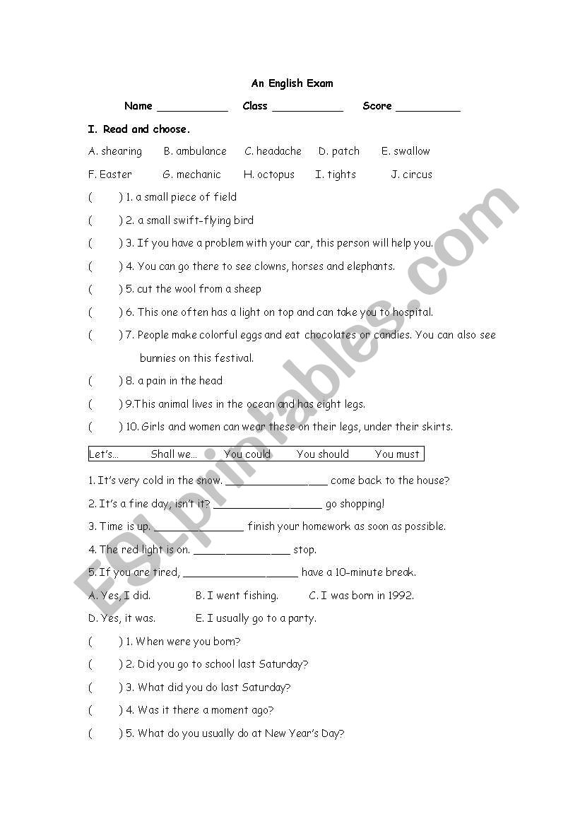 An English Level test paper worksheet