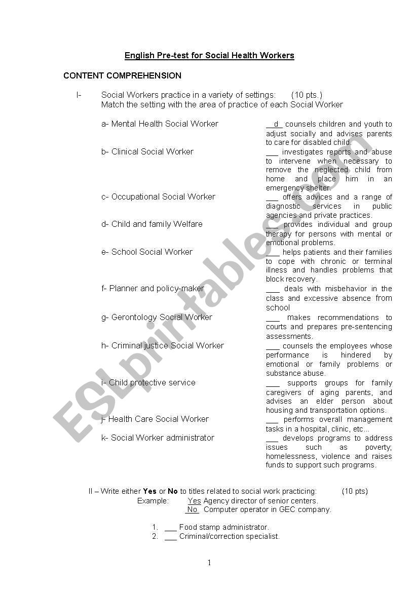 Test of Social Health Worker worksheet