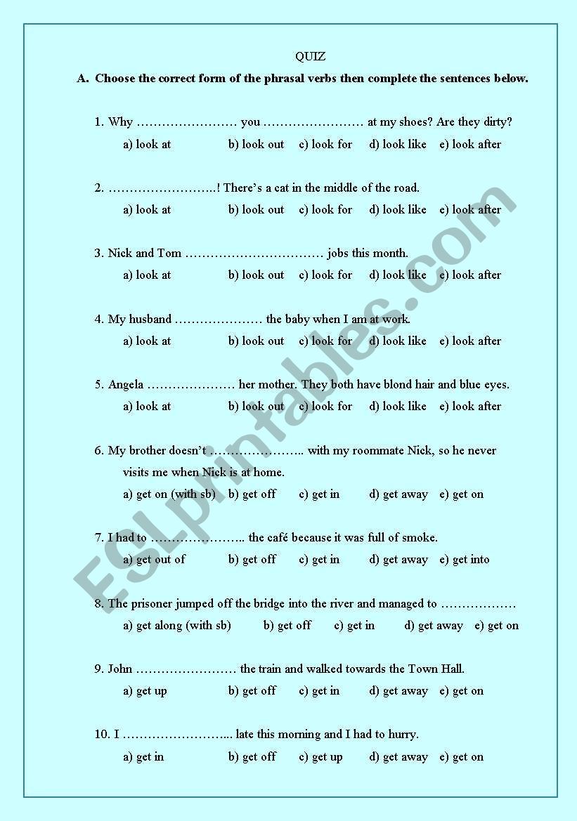 Phrasal verbs quiz worksheet