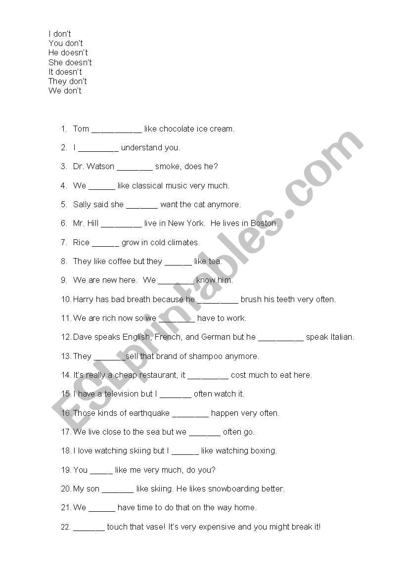 worksheet for donÂ´t and doesnÂ´t